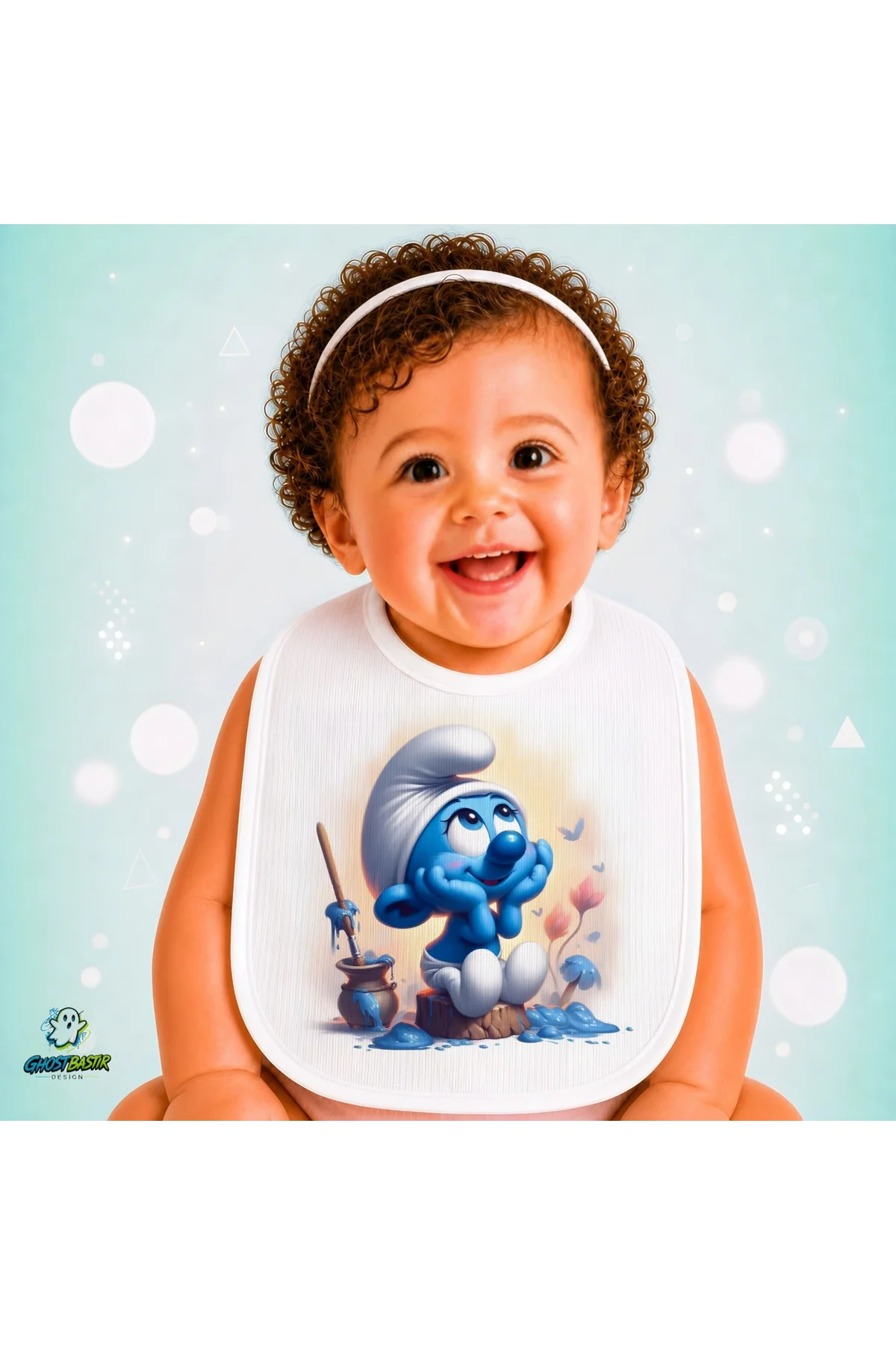 Şirinler Keten Bebek Mama Önlüğü – Yumuşak, Emici, Yıkanabilir, Özel Tasarım P191