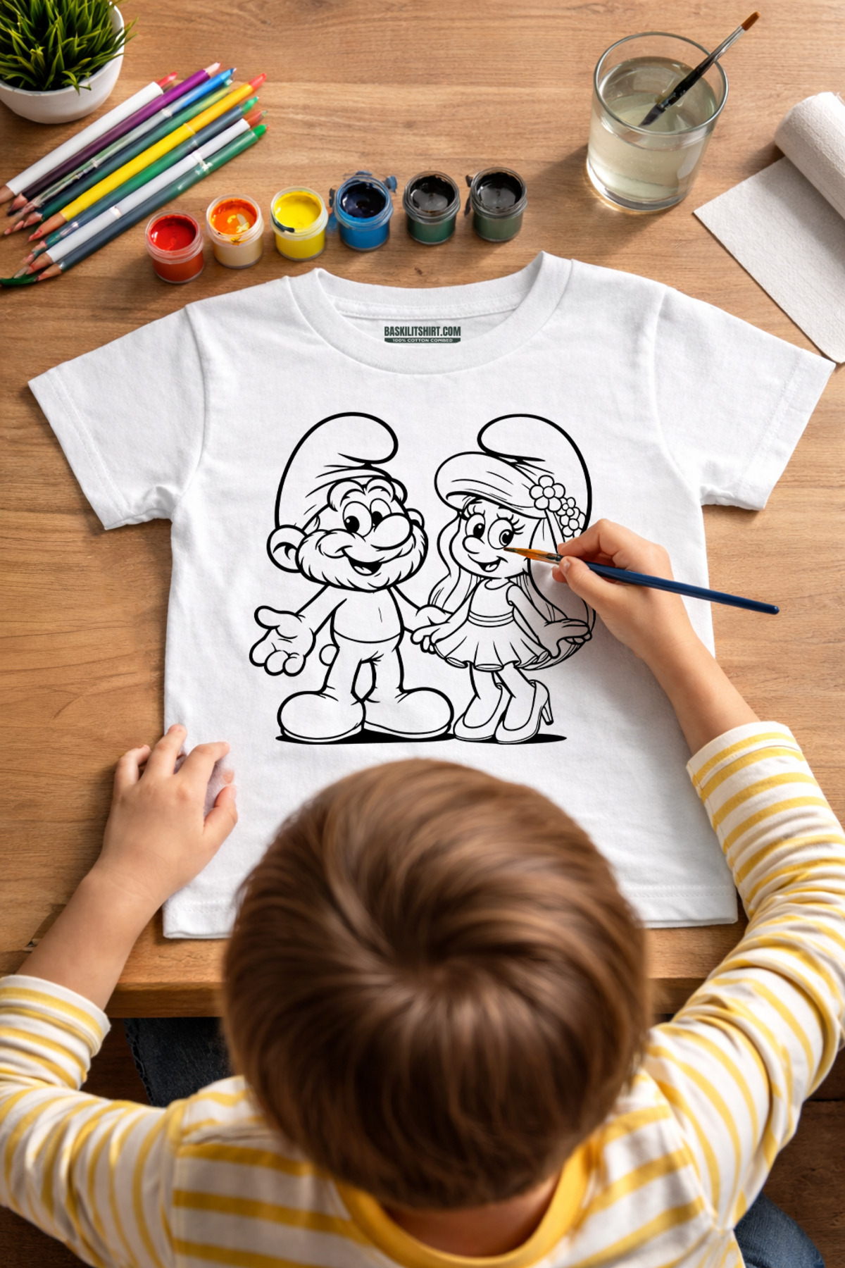 Şirinler Tişört Boyama Seti – Çocuk Full Set Fırçalı, Kreatif Elb