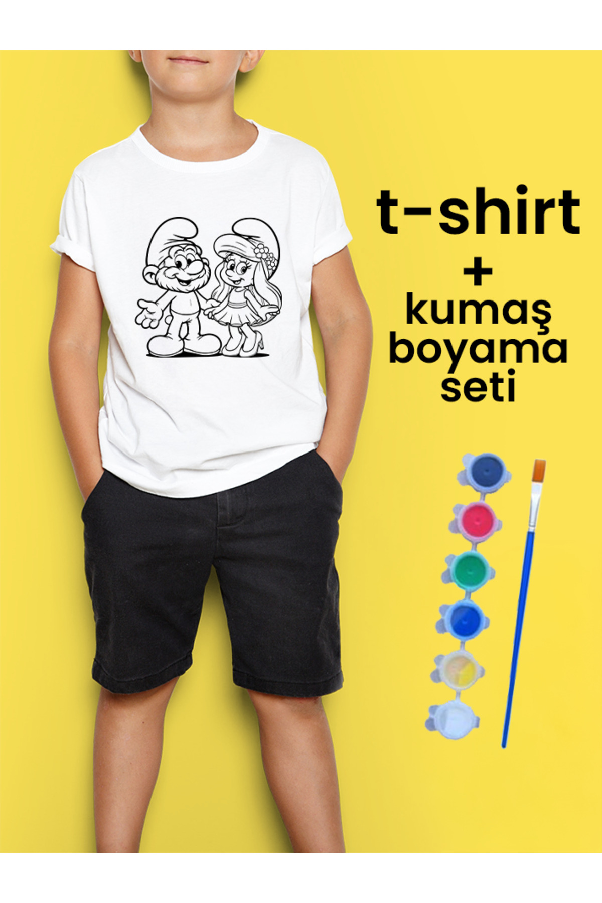 Şirinler Tişört Boyama Seti – Çocuk Full Set Fırçalı, Kreatif Elb
