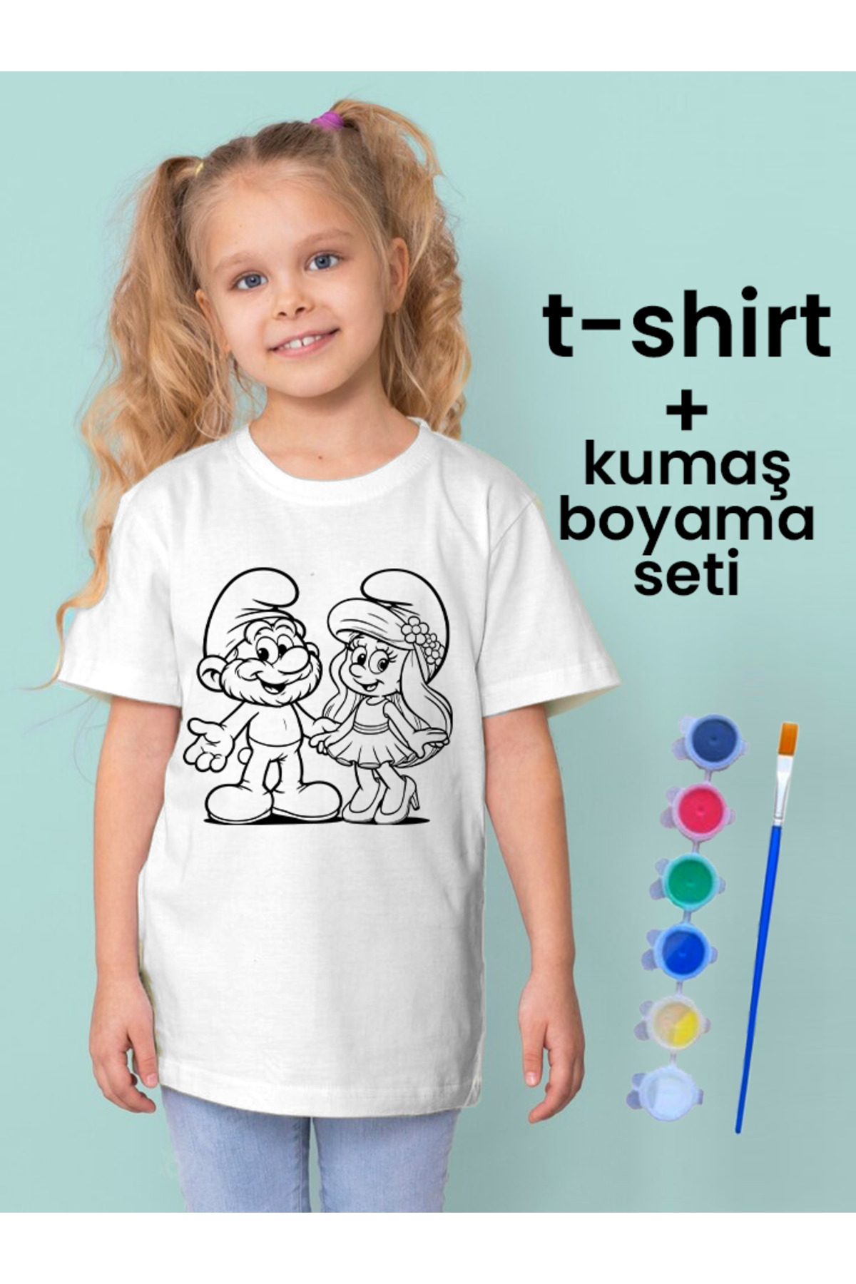 Şirinler Tişört Boyama Seti – Çocuk Full Set Fırçalı, Kreatif Elb