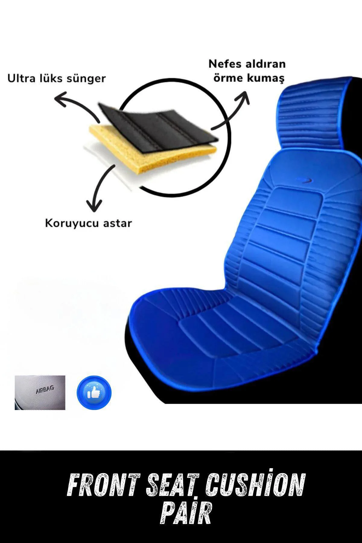 Sırt Dayamalı Araba Koltuk Minderi Ön İkili Set Mavi