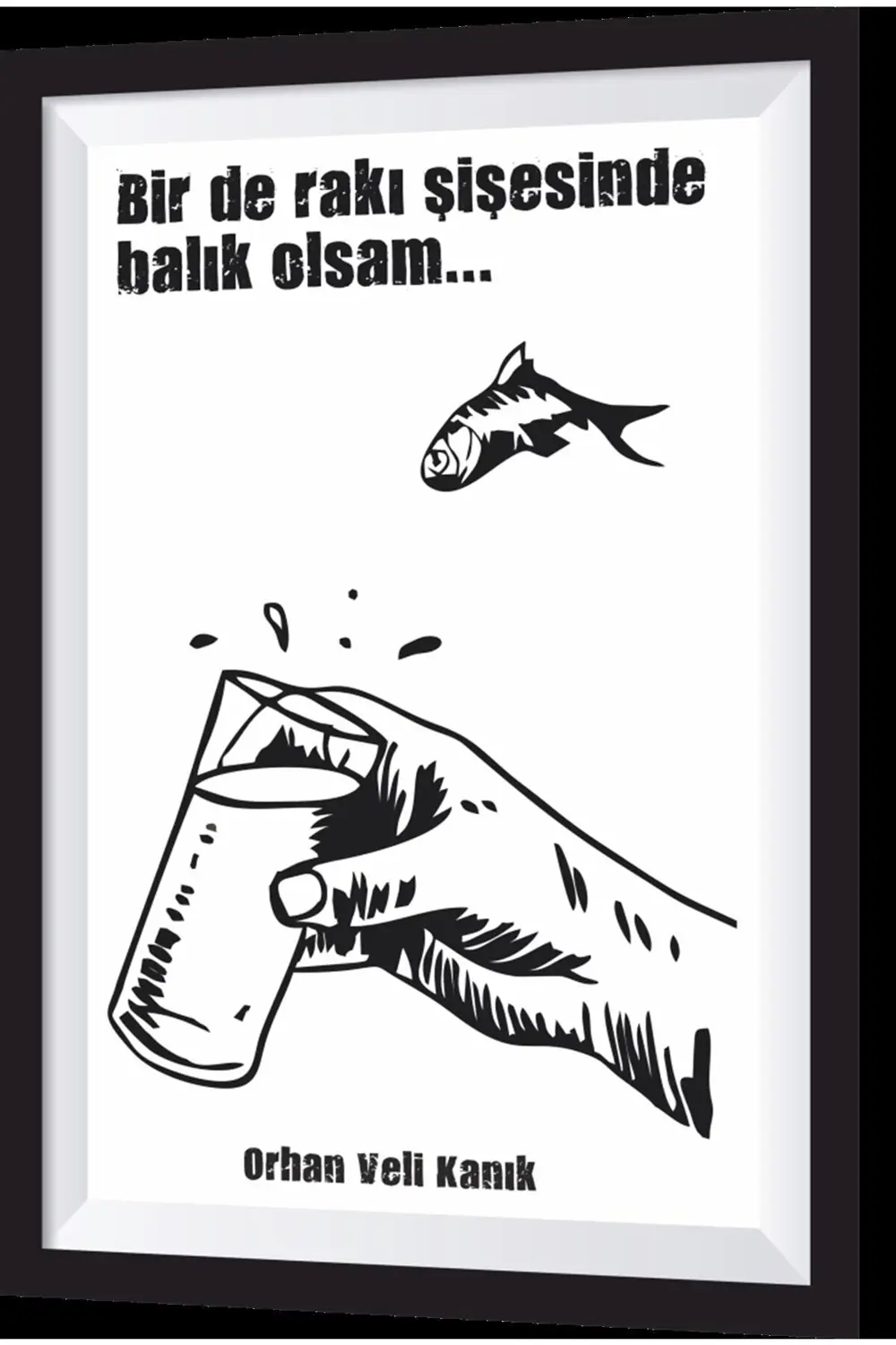 Şişesinde Balık Olsam Şiirli Sanatsal Çerçeveli Retro Ahşap Tablo