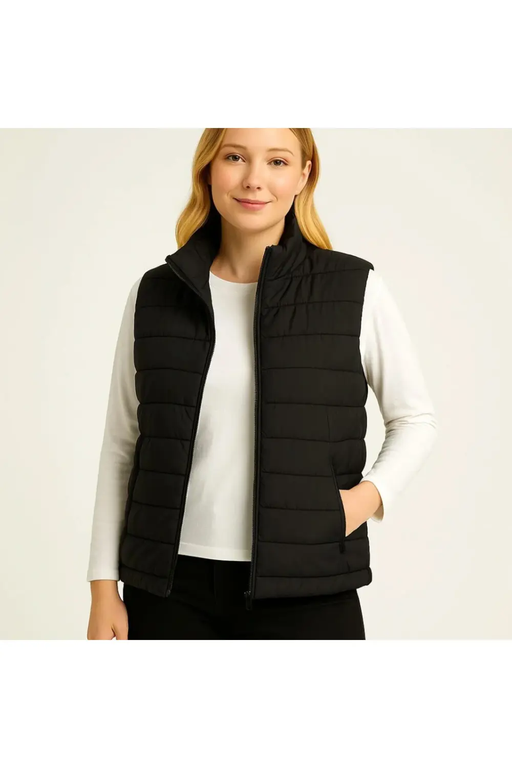 Şişme Fermuarlı Yelek Su Itici Kapitone Astarlı Kumaş Cepli Hafif