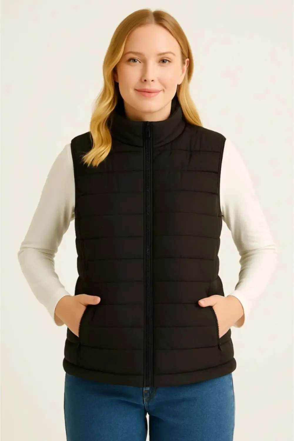 Şişme Fermuarlı Yelek Su Itici Kapitone Astarlı Kumaş Cepli Hafif