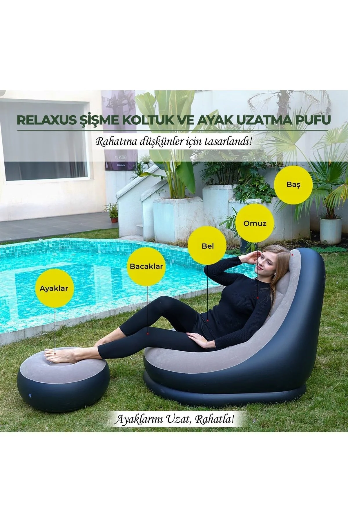 Şişme Koltuk ve Ayak Uzatma Pufu – Ev, Kamp, Ofis Kullanımı İçin,