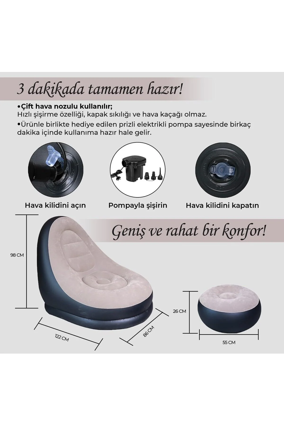 Şişme Koltuk ve Ayak Uzatma Pufu – Ev, Kamp, Ofis Kullanımı İçin,