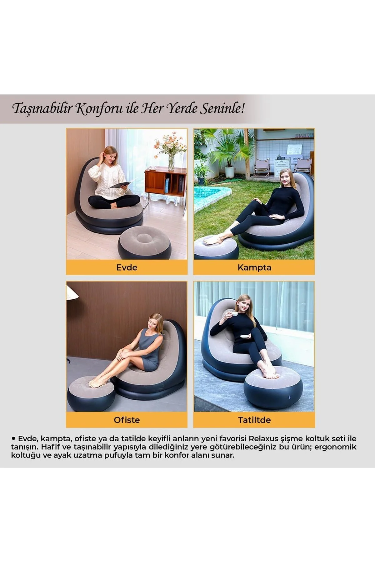 Şişme Koltuk ve Ayak Uzatma Pufu – Ev, Kamp, Ofis Kullanımı İçin,