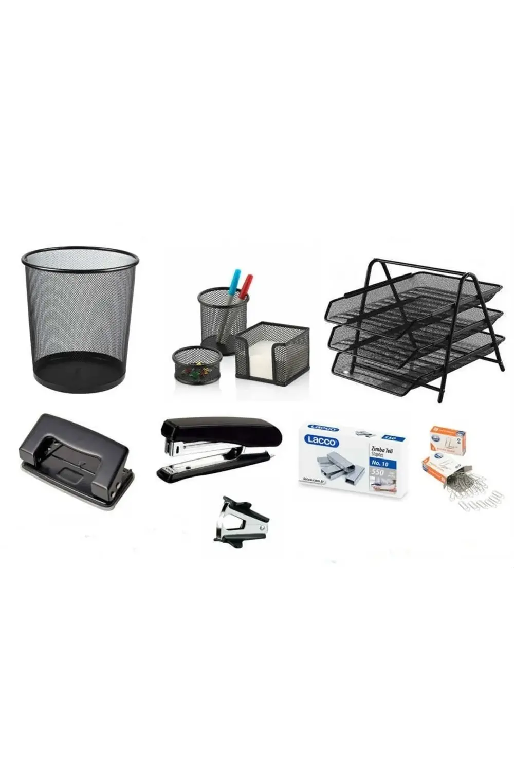 Sistem 8 Parça Ofis Seti Evrak Rafı - Delgeç - Çöp Kovası - Daksi