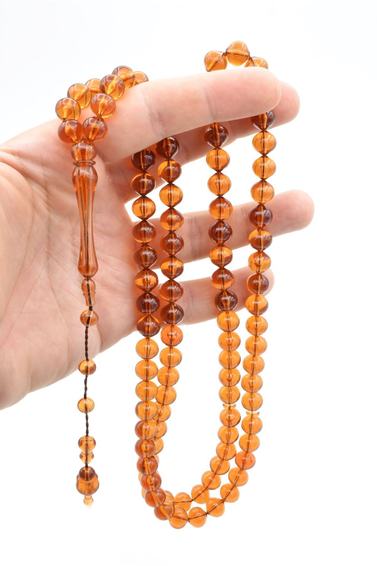 Sistemli Sığırcık Kesim 99 luk Bal Rengi Uçak Camı Tesbih