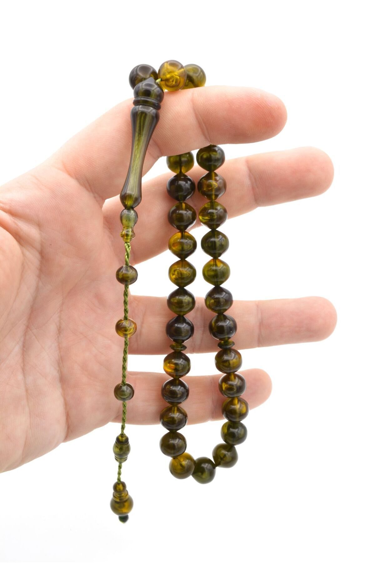 Murty99 Sistemli Sığırcık Kesim Hareli Zeytin Yeşili Toz Pres Kehribar Tesbih