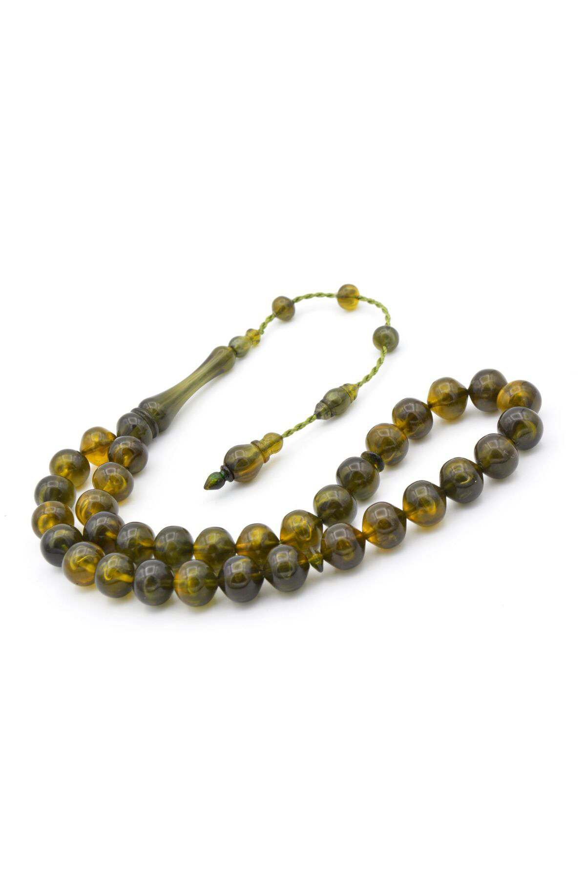 Murty99 Sistemli Sığırcık Kesim Hareli Zeytin Yeşili Toz Pres Kehribar Tesbih