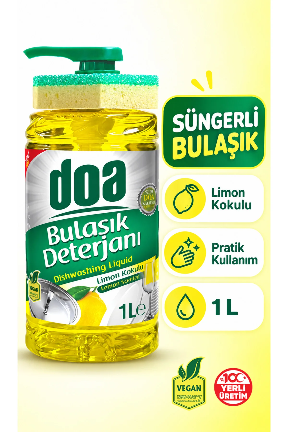 Sıvı Bulaşık Det. Süngerli Limon Kokulu 1000 ml Vegan Sıvı Bulaşık Det. Süngerli Limon Kokulu 1000 ml Vegan - Görsel 3