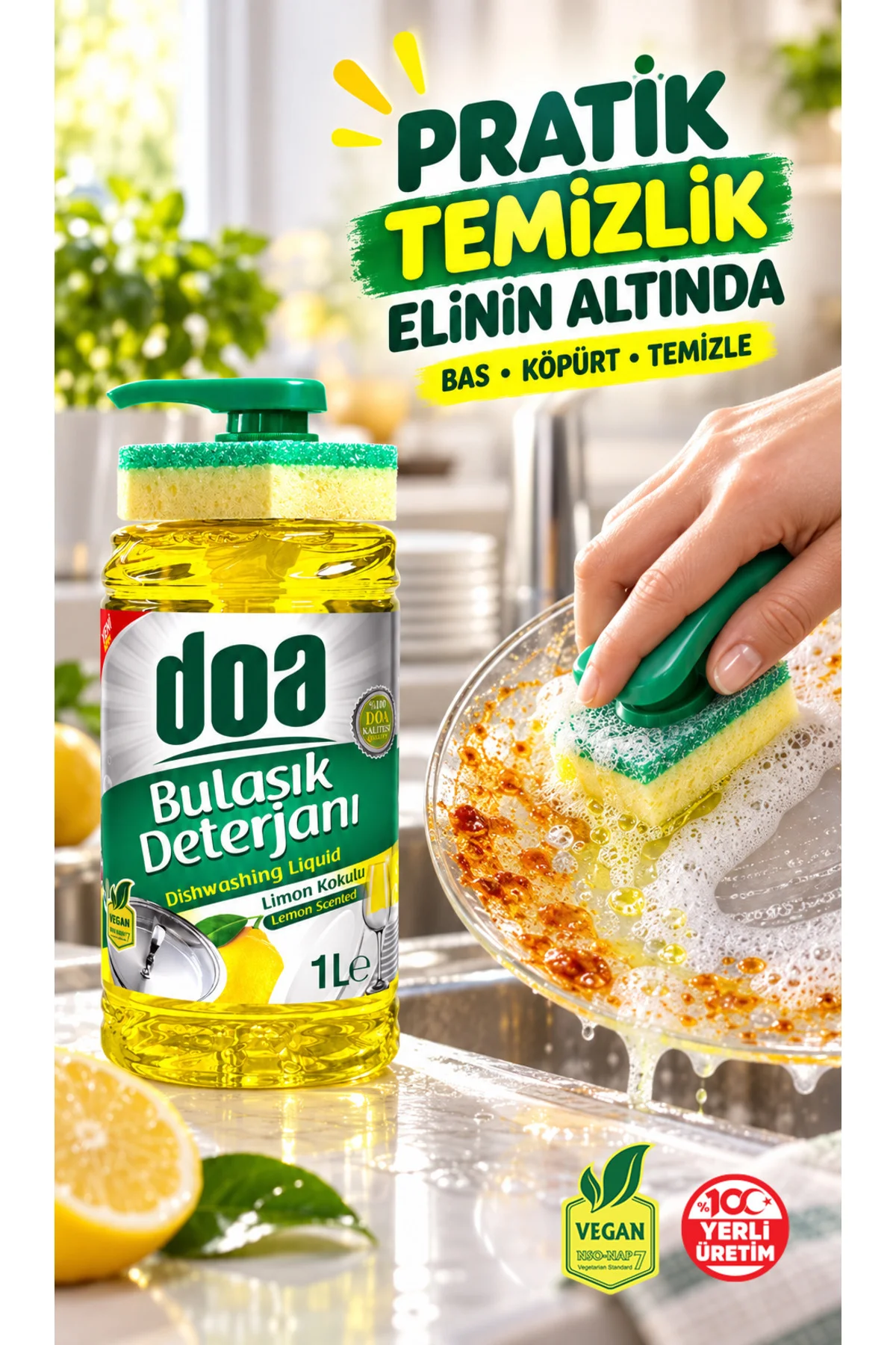 Sıvı Bulaşık Det. Süngerli Limon Kokulu 1000 ml Vegan Sıvı Bulaşık Det. Süngerli Limon Kokulu 1000 ml Vegan