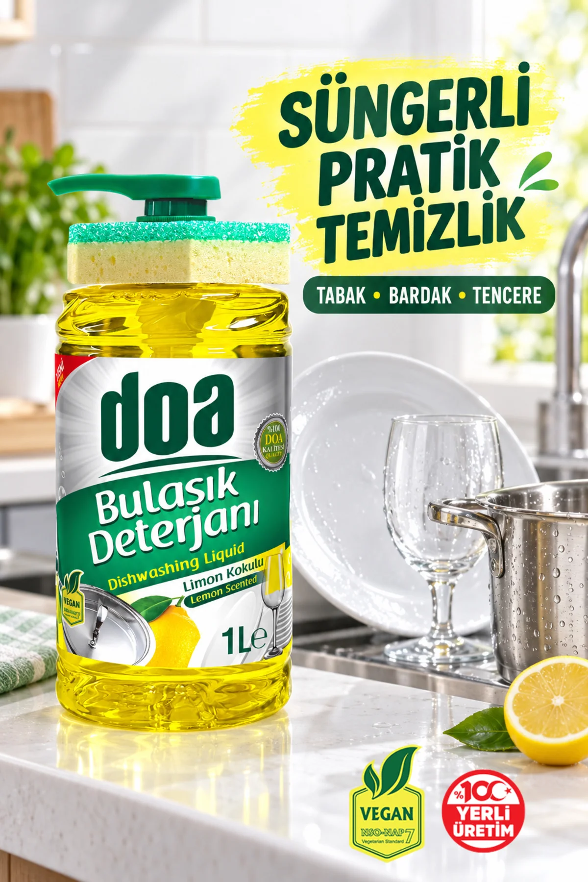 Sıvı Bulaşık Det. Süngerli Limon Kokulu 1000 ml Vegan Sıvı Bulaşık Det. Süngerli Limon Kokulu 1000 ml Vegan - Görsel 2