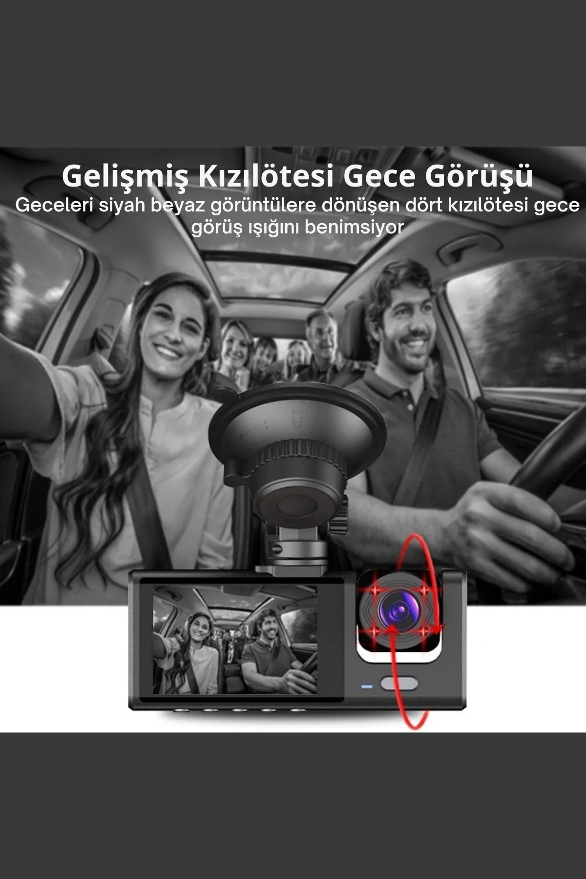 Siyah 1080p Araç içi 3 Kameralı Lcd Ekranlı Gece Görüşlü , G-sens