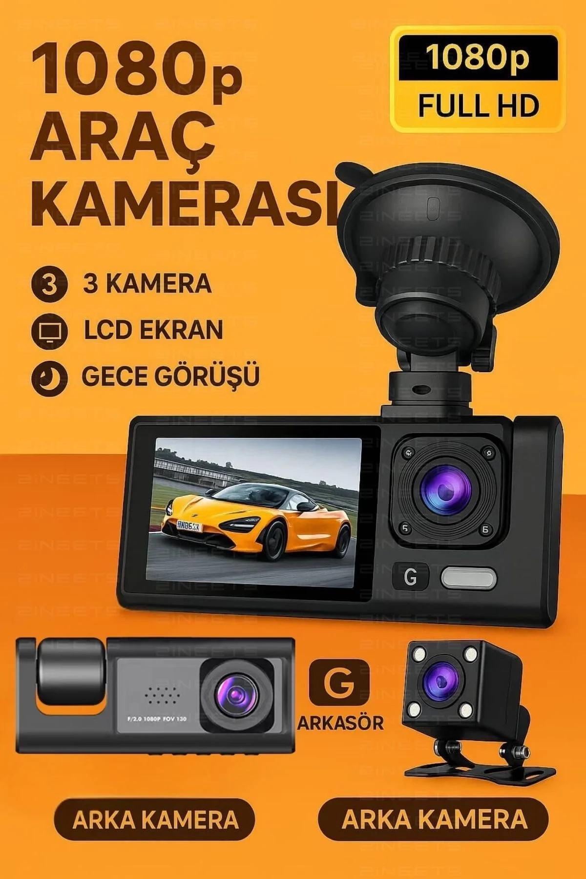 Siyah 1080p Araç içi 3 Kameralı Lcd Ekranlı Gece Görüşlü , G-sens