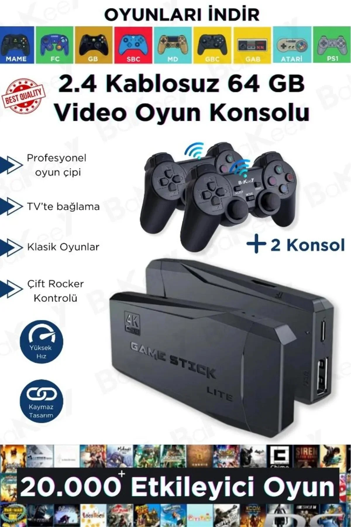 Siyah 2.4g kablosuz çift kollu retro oyun konsolu oyunlu game stick bluetooth yok
