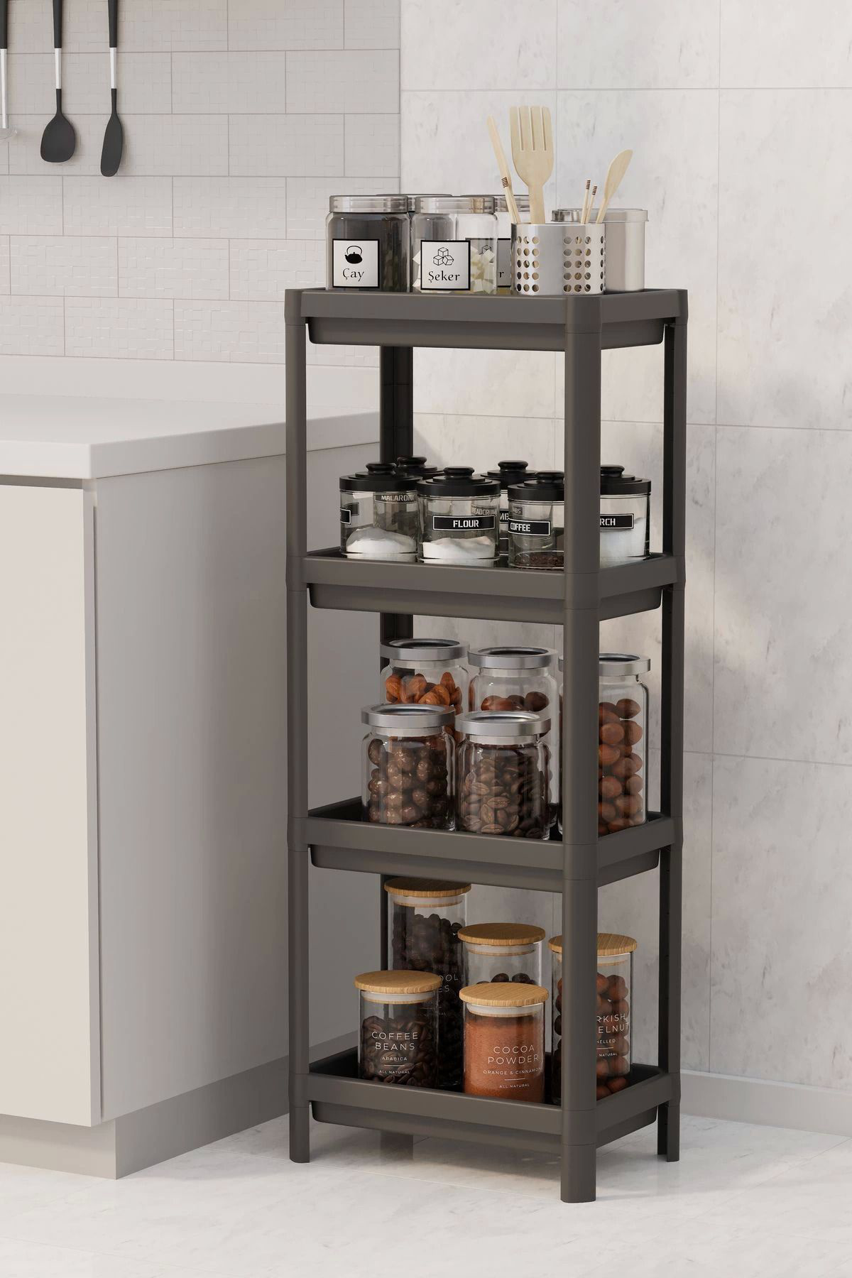 Yusuftex Siyah 4 Katlı Banyo Raf Ünitesi - Çok Amaçlı Banyo Düzenleyici, Ş