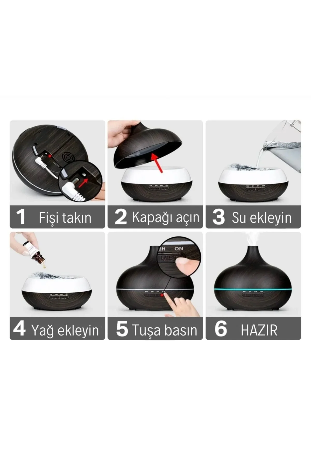 Siyah 7 LED RGB ışıklı aromatik oda kokusu hava nemlendirici difüzör 220-240V 60Hz 2 yıl garantili