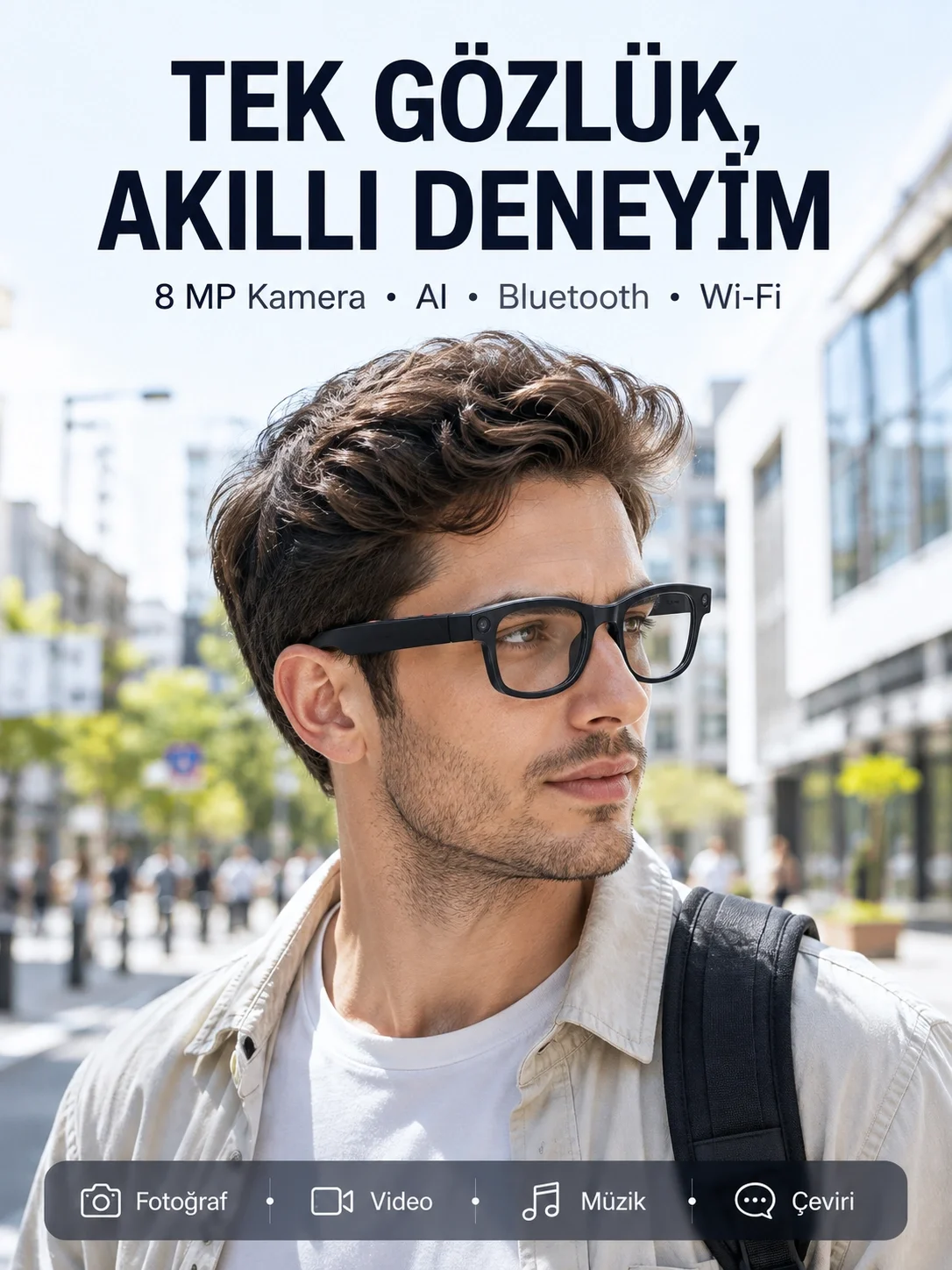 Siyah 8 MP Kameralı Akıllı Gözlük Bluetooth Wi-Fi Bağlantılı Fotoğraf Video Ses Kayıtlı AI Destekli 3 Lensli Siyah 8 MP Kameralı Akıllı Gözlük Bluetooth Wi-Fi Bağlantılı Fotoğraf Video Ses Kayıtlı AI Destekli 3 Lensli
