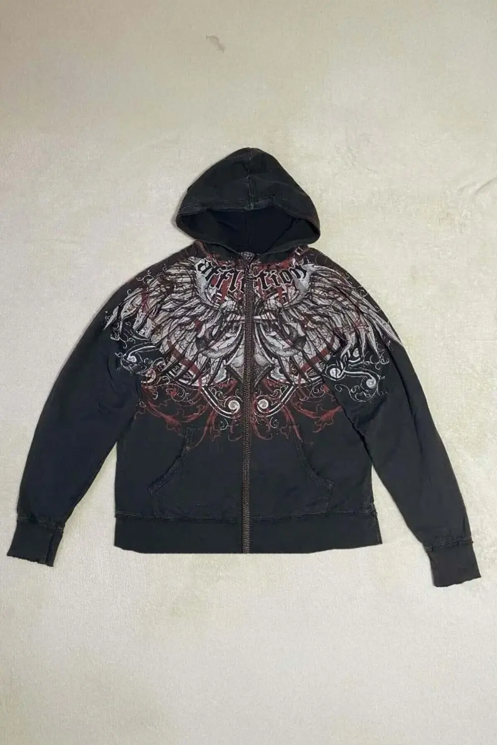 Siyah Affliction Wing Tribal Harajuku Y2K Kapüşonlu Unisex Hırka