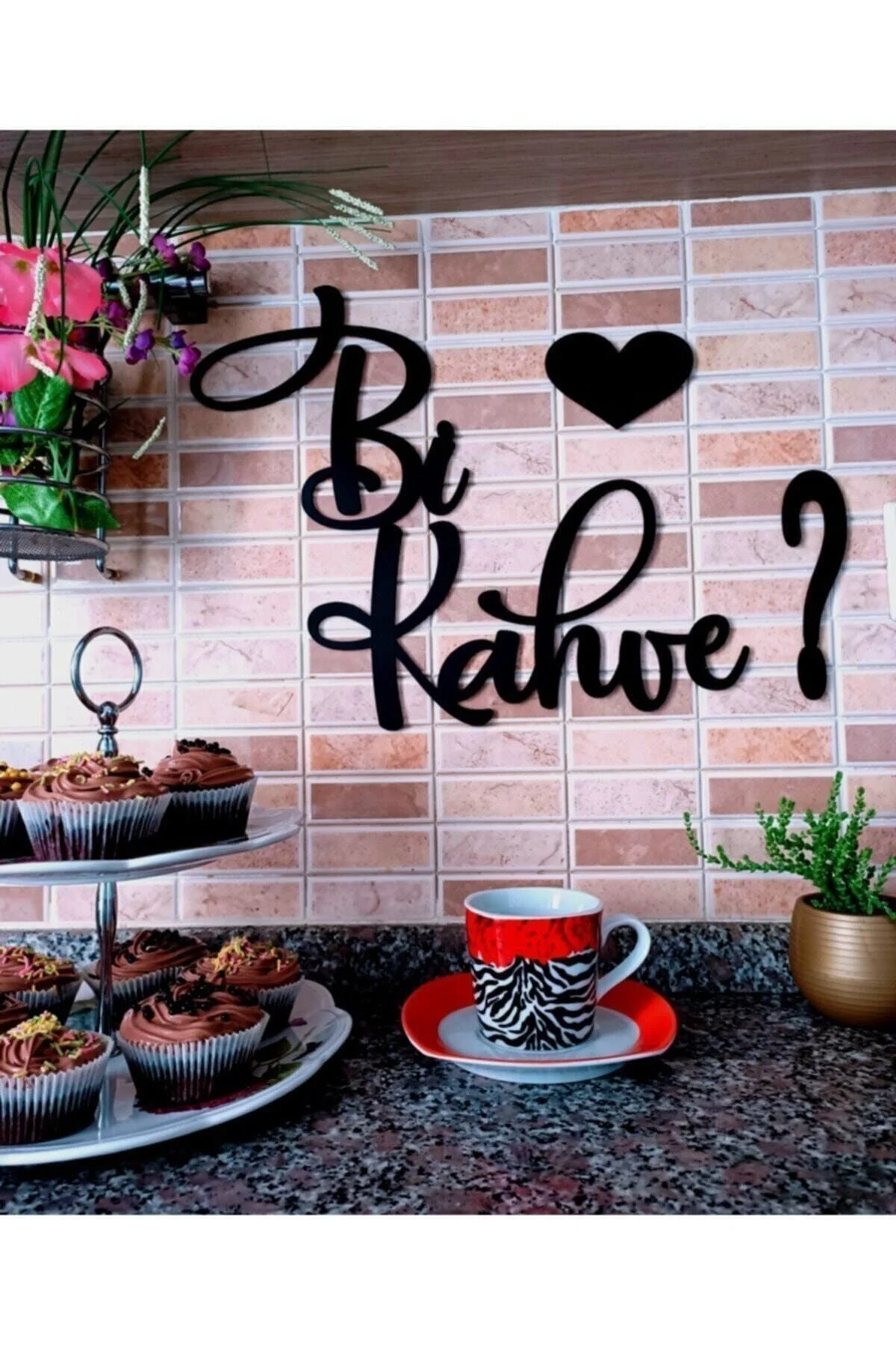 Siyah Ahşap Bi Kahve Kalpli Mutfak Yazı Dekor