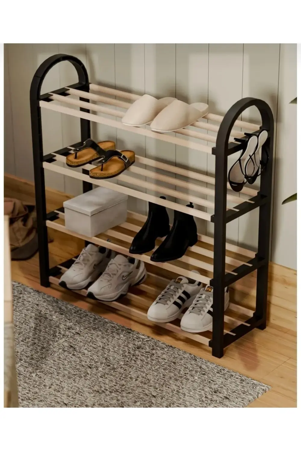 Siyah Ahşap Çubuklu 4 Katlı Masif Ayakkabılık