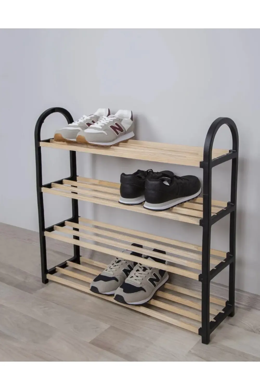 Siyah Ahşap Çubuklu 4 Katlı Masif Ayakkabılık