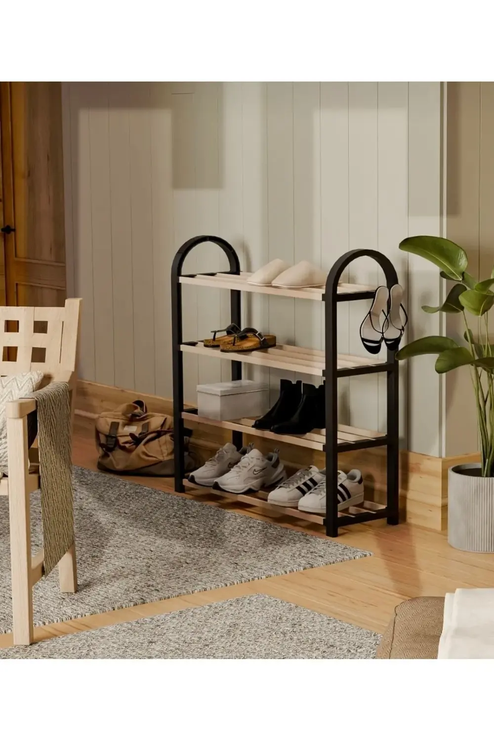 Siyah Ahşap Çubuklu Masif Ayakkabılık Kontef