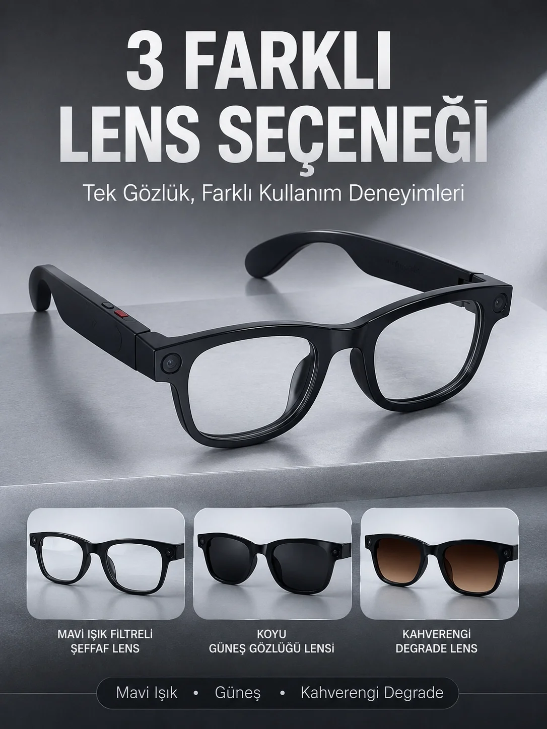 Siyah AI Destekli Akıllı Gözlük 8 MP Kamera Çoklu Dil Çeviri Fotoğraf Video Bluetooth Müzik ve Arama Özellikli Siyah AI Destekli Akıllı Gözlük 8 MP Kamera Çoklu Dil Çeviri Fotoğraf Video Bluetooth Müzik ve Arama Özellikli