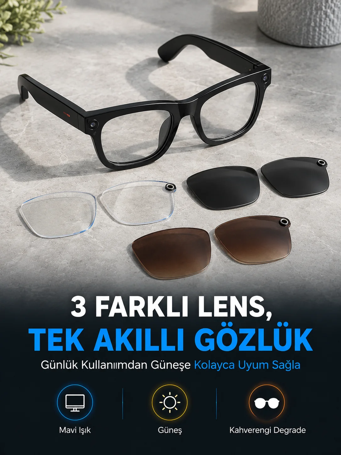 Siyah Akıllı Kamera Gözlüğü Fotoğraf Video Çekimli Bluetooth Aramalı AI Destekli 3 Değiştirilebilir Lensli Fiyatı, Yorumları ve Özellikleri