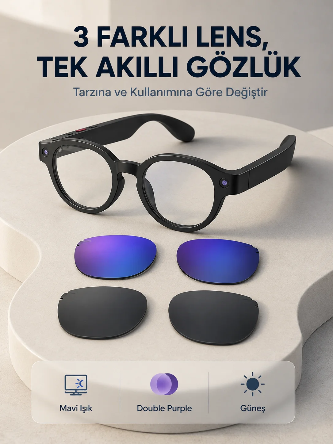 Siyah Akıllı Kamera Gözlüğü Fotoğraf Video Çekimli Yapay Zeka Destekli Bluetooth Çoklu Dil Çeviri 3 Lensli Fiyatı, Yorumları ve Özellikleri