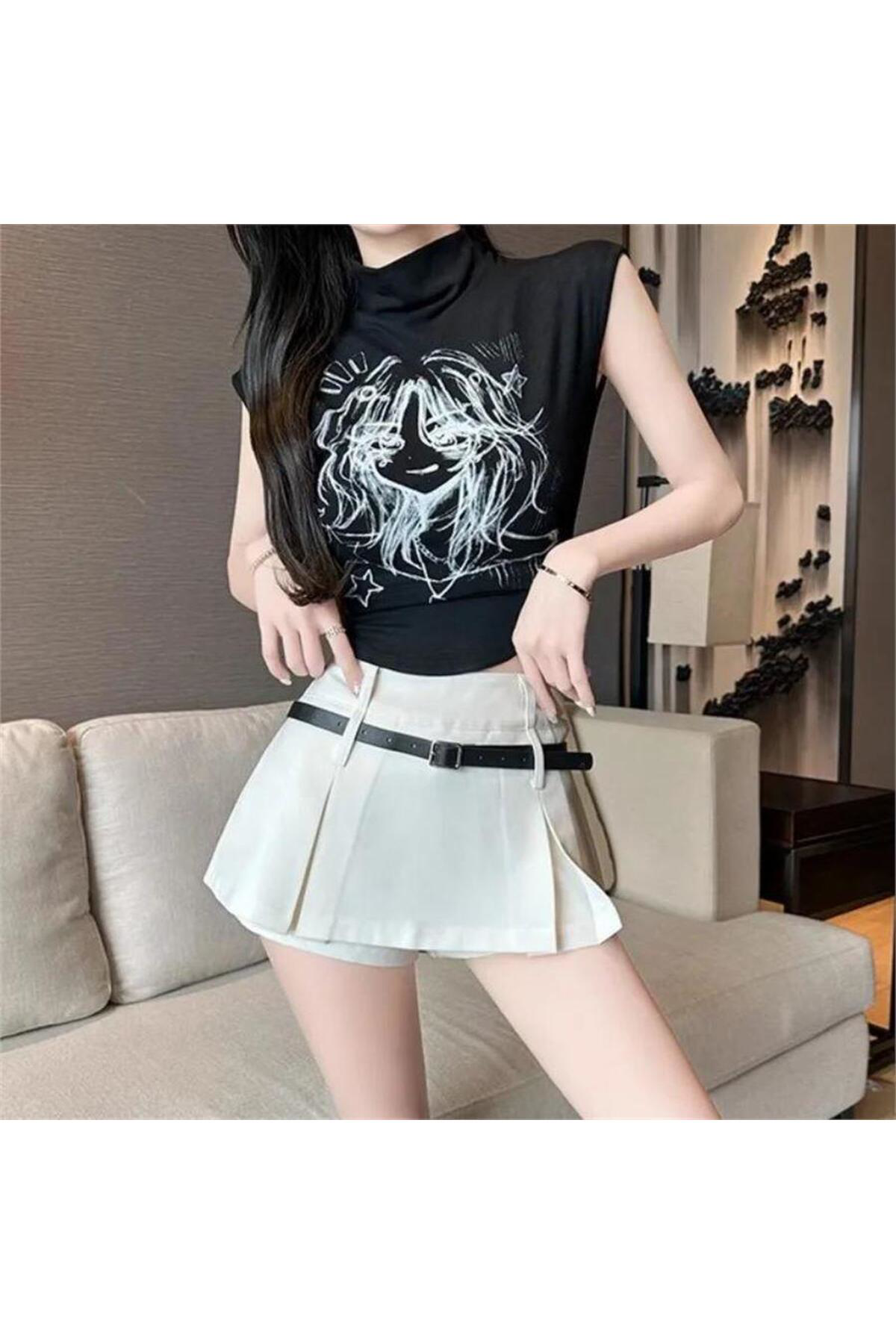 Siyah Anime Girl Kolsuz Crop
