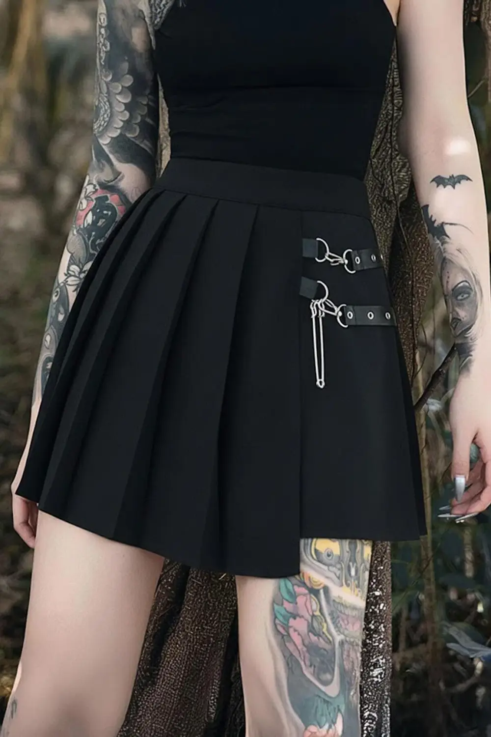 Siyah Anime Harajuku Punk Deri Kemerli Mini Etek