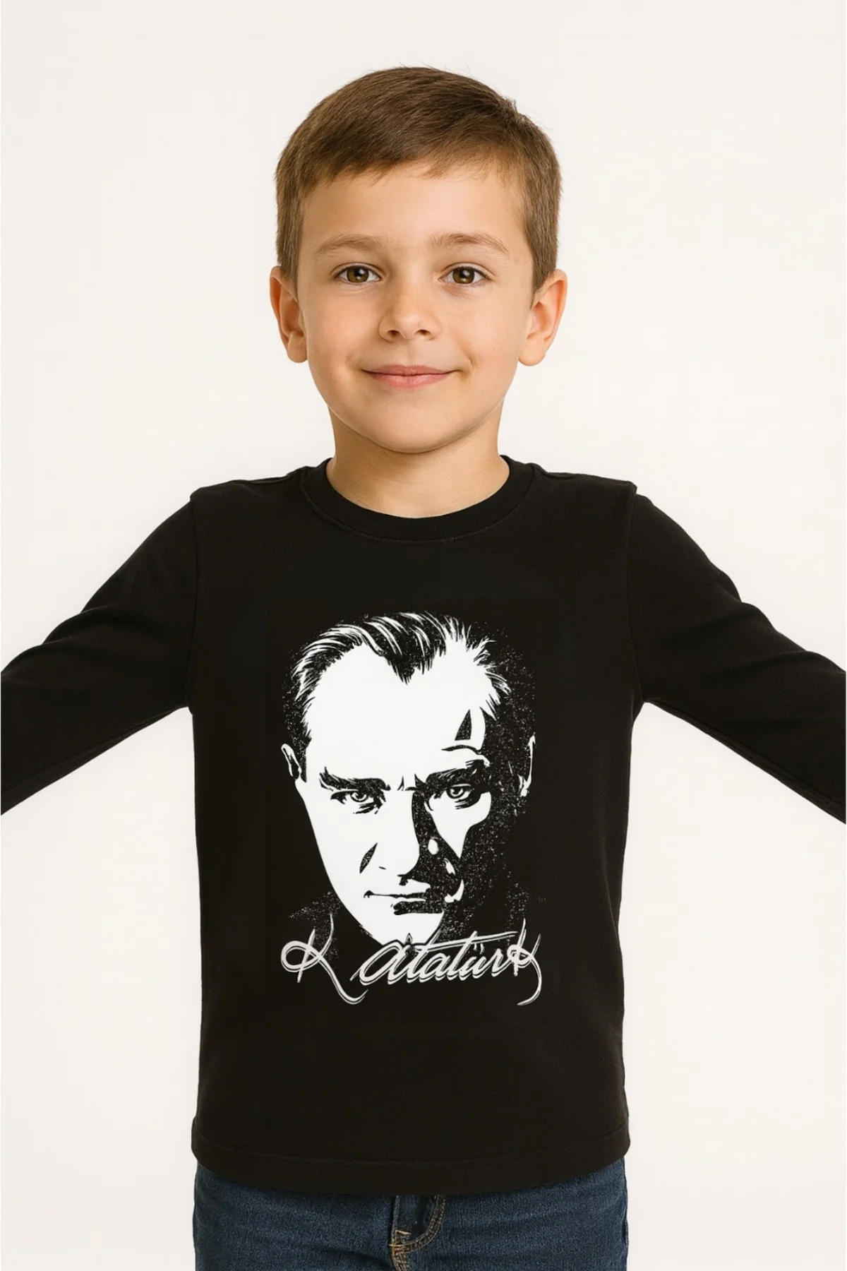 Siyah Atatürk Baskılı Uzun Kol T-shirt Tişört
