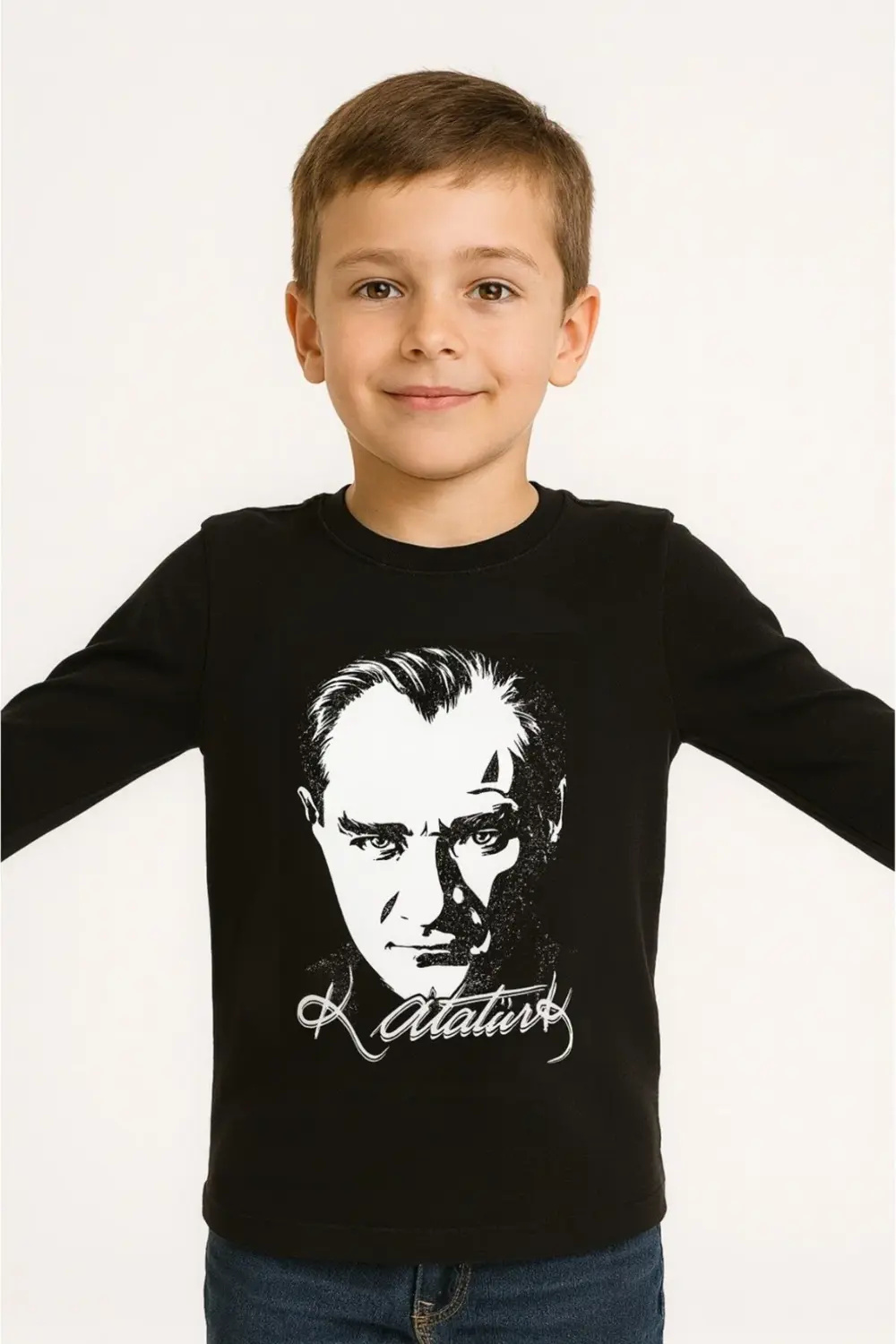 Siyah Atatürk Baskılı Uzun Kol Erkek/Kız Çocuk T-shirt Tişört