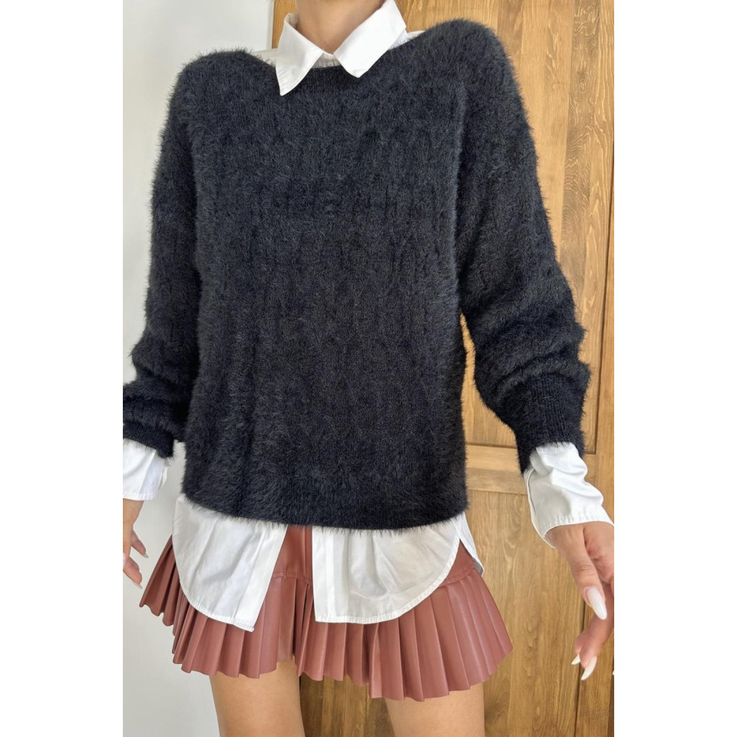 Siyah Baklava Desenli Triko Kazak