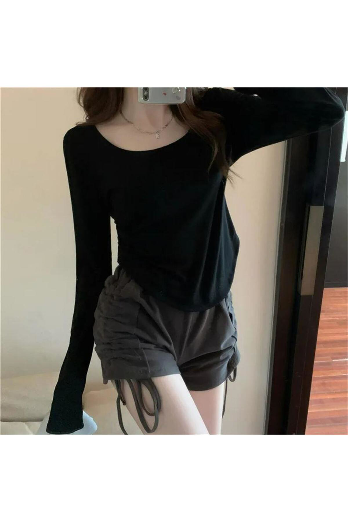 Siyah Basic Uzun Kollu Crop