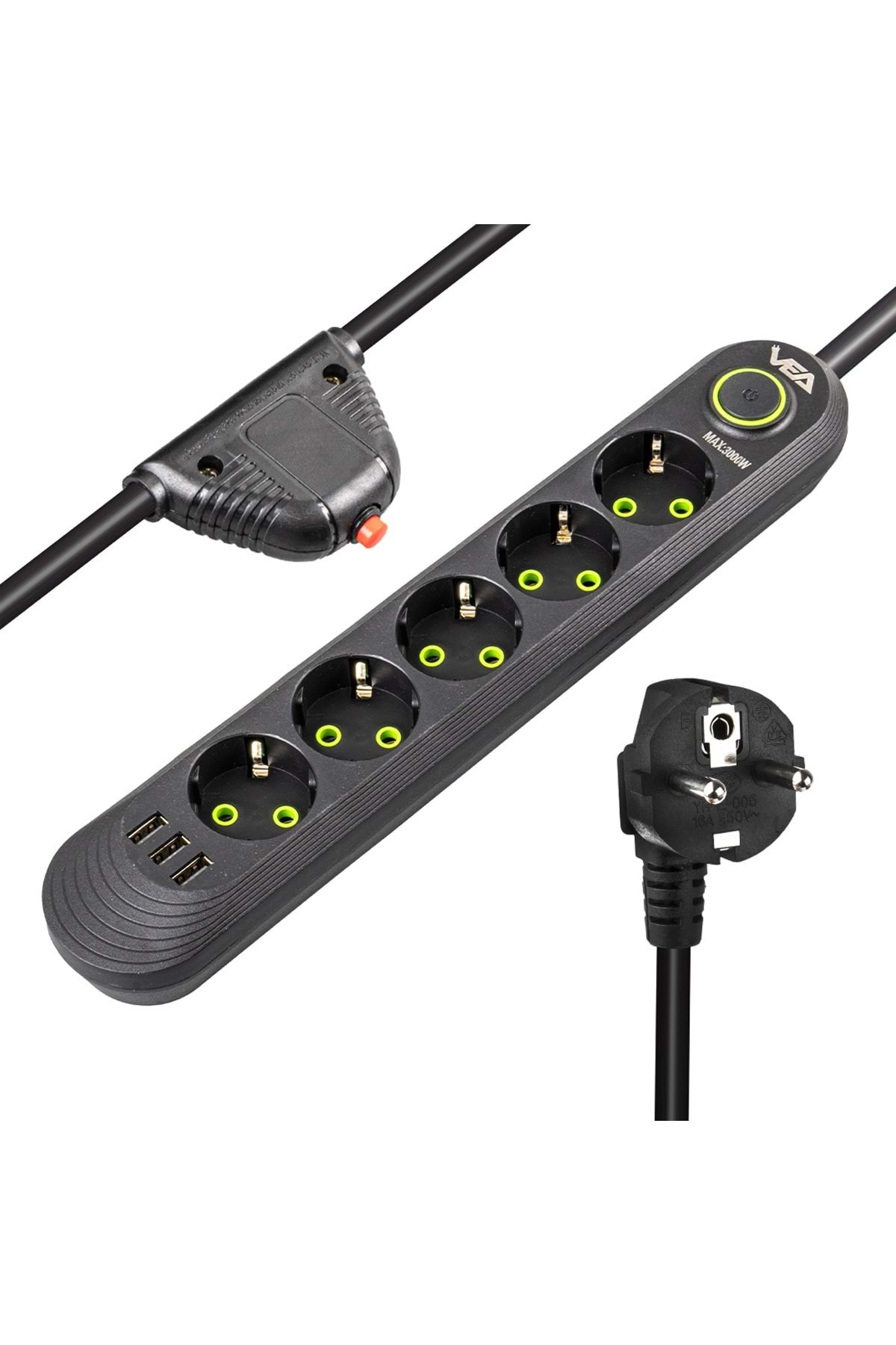 Siyah Beşli Grup Priz 1.5 Mt. Kablolu Akım Korumalı 3 USB li AXE3