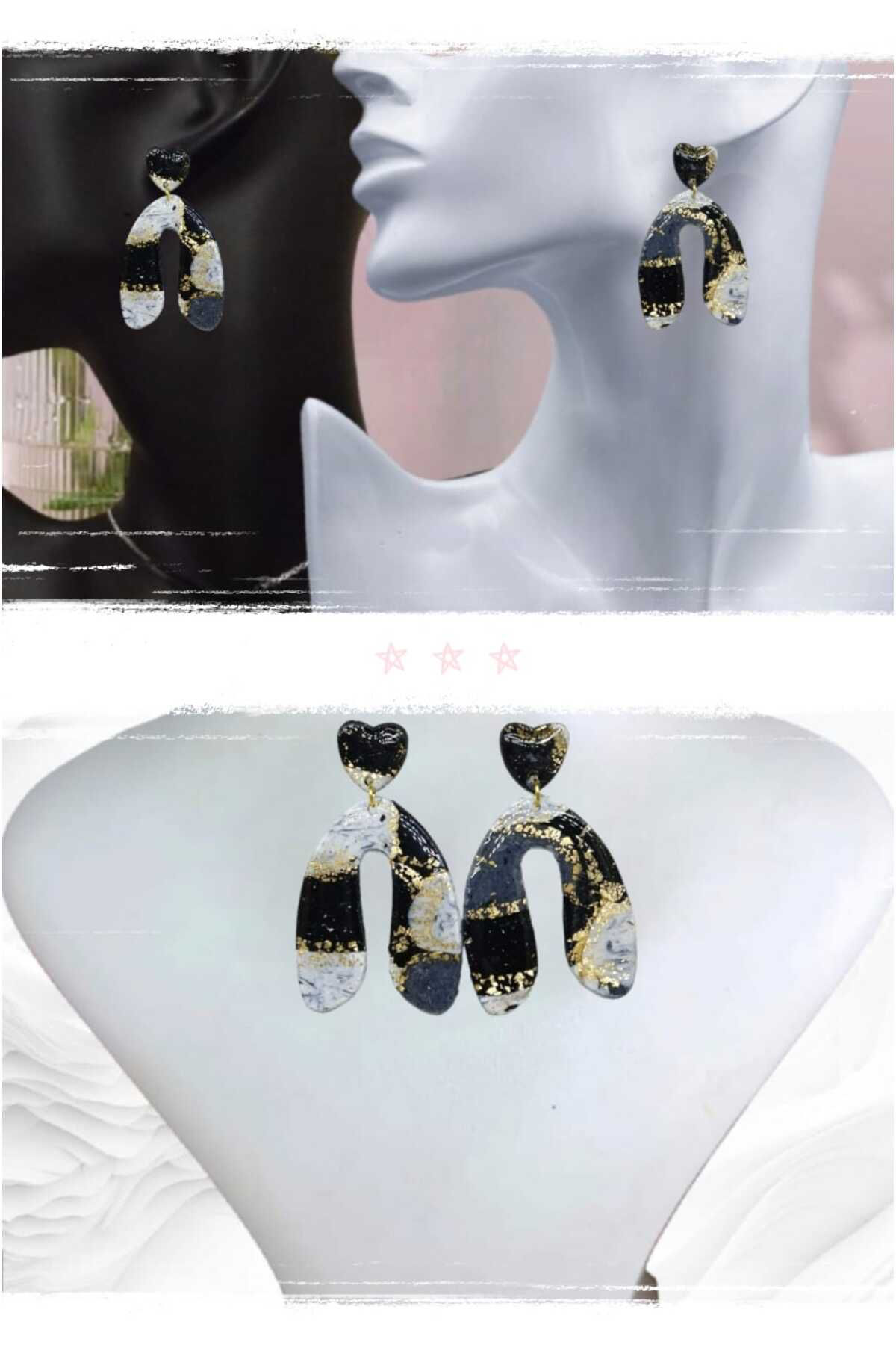 Siyah- Beyaz Aşkı Polimerkil El Yapımı Tasarım Küpe