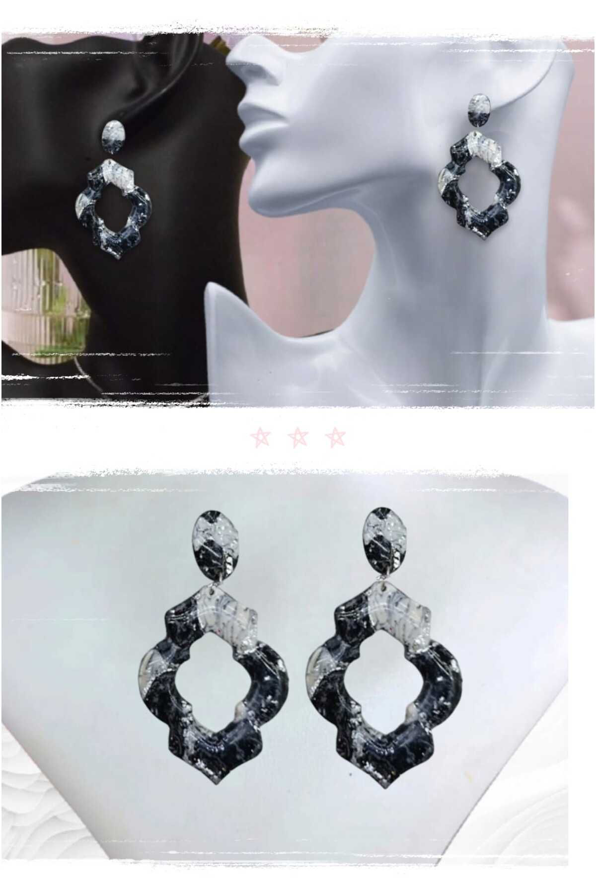 Siyah & Beyaz Aşkı Polimer Kil & Epoksi Tasarım Küpe