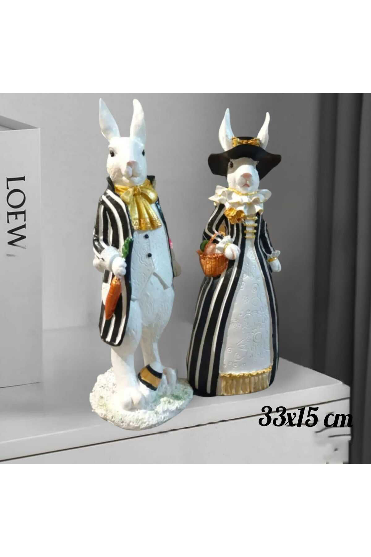 Siyah Beyaz Bay & Rabbit Polyester ( Tavşan ) Bahçe Heykel Biblo 