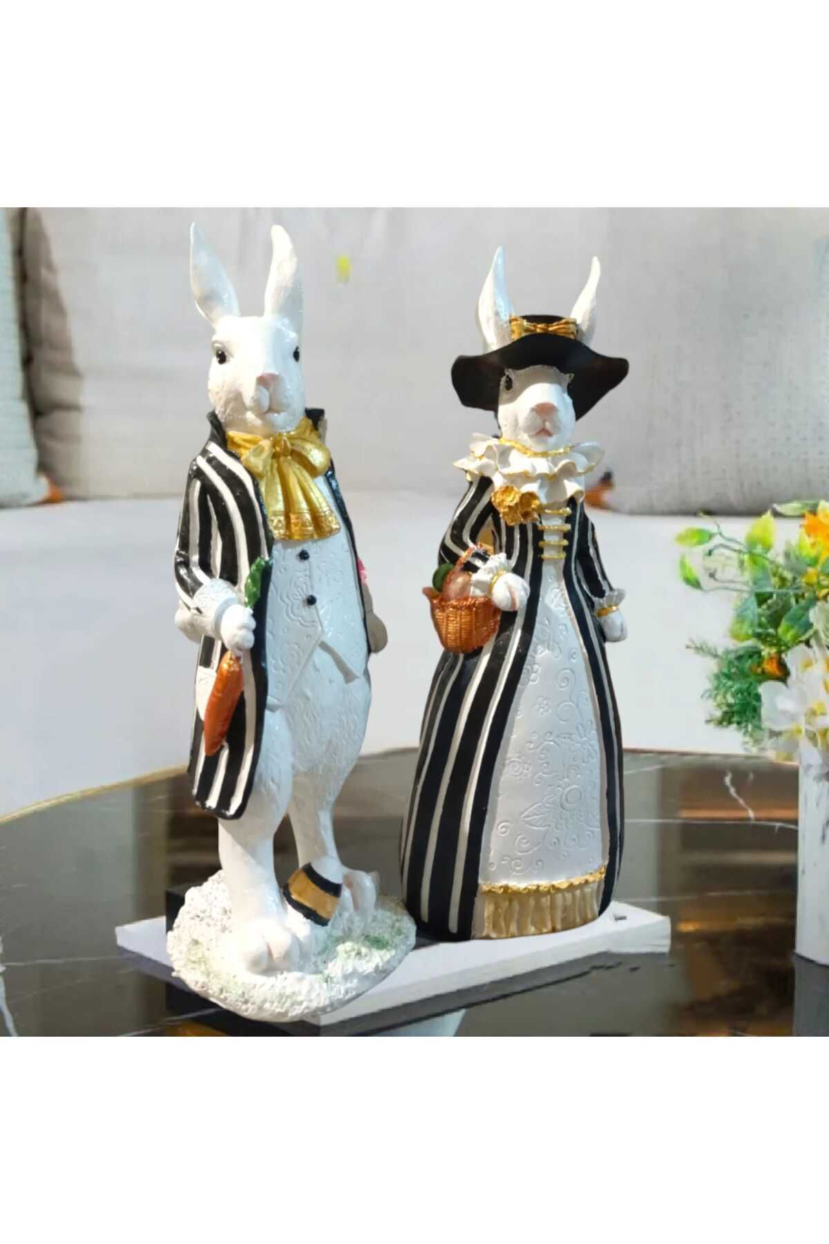 Siyah Beyaz Bay & Rabbit Polyester ( Tavşan ) Bahçe Heykel Biblo 