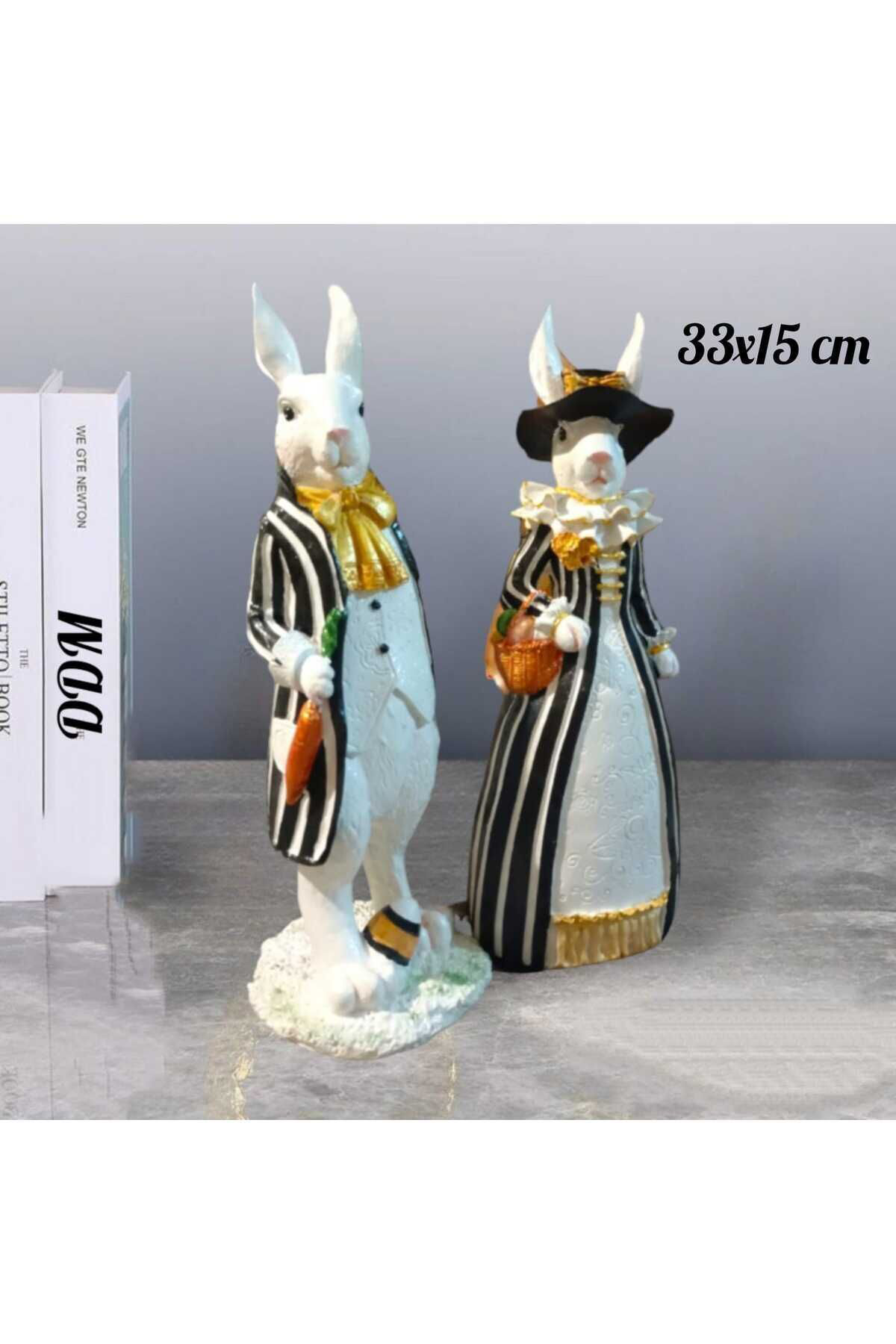 Siyah Beyaz Bay & Rabbit Polyester ( Tavşan ) Bahçe Heykel Biblo 