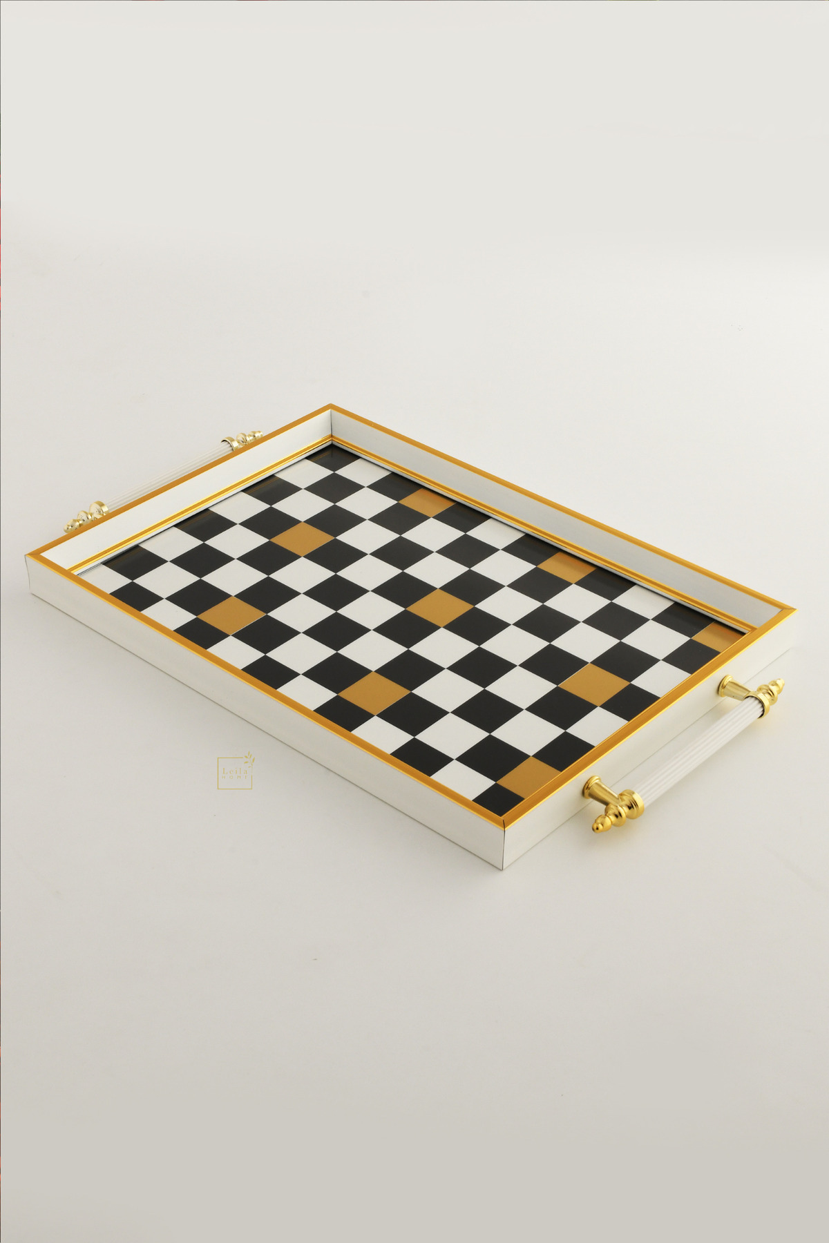 Siyah Beyaz Dama Desenli Cam Kahve Tepsisi - 46x28 cm Modern Dekoratif Sunum Tepsisi
