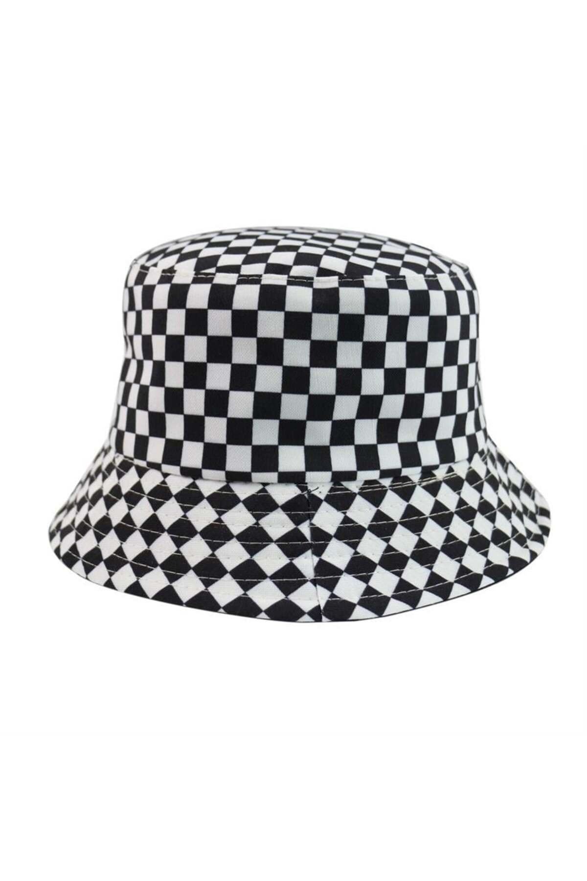 Siyah Beyaz Damalı Bucket Şapka