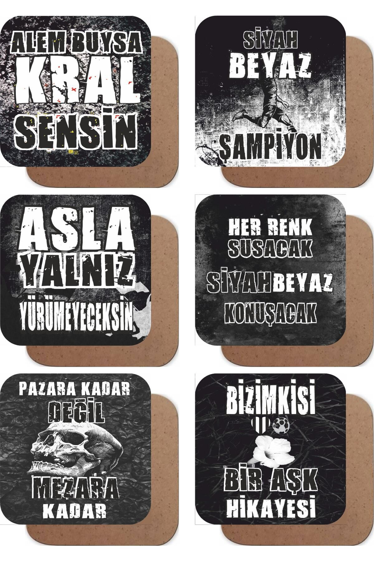 Siyah Beyaz Futbol Takım Taraftar 6lı Ahşap Bardak Altlığı Seti M