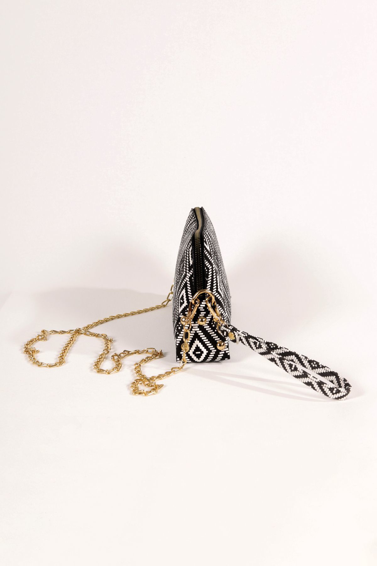 Siyah Beyaz Kilim Desenli El Çantası Seti