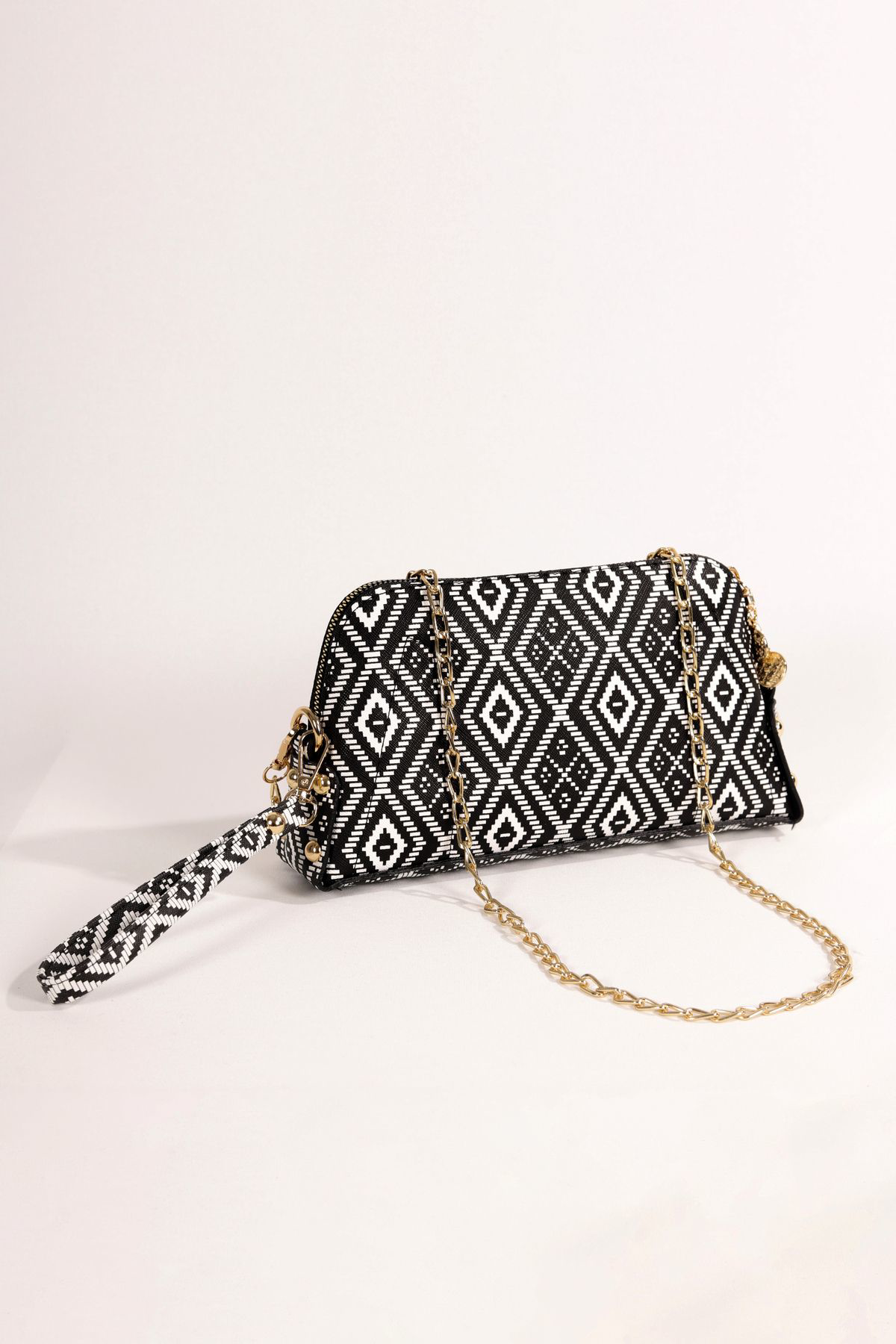 Siyah Beyaz Kilim Desenli El Çantası Seti