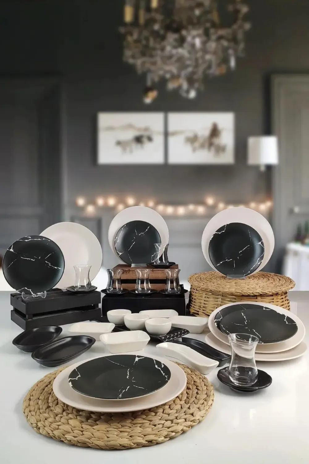 Keramika Siyah Beyaz Mermer Desenli Kahvaltı Takımı 6 Kişilik 36 Parça